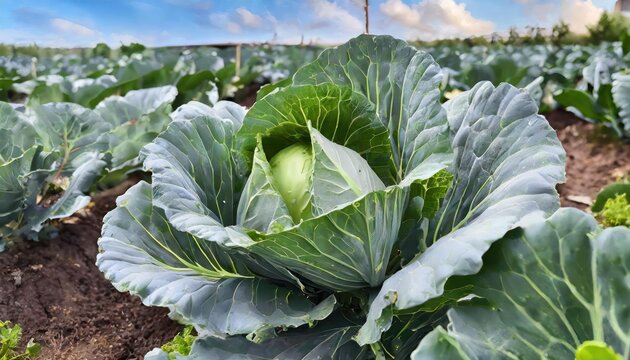 Fresh organic annual cabbage growing in an eco-garden, Vegetarian, healthy, natural food, 