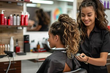 Smiling hairdresser giving a final touch to her client's trendy updo hairstyle in a contemporary hair salon