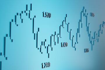 Abstract blue candle stick chart, stock market and exchange. Business, financial markets, data and trading concept. 3d illustration