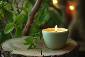 Fototapeta na wymiar Burning candle in glass on brown stump with background of green tropical leaves. Aromatherapy and spa atmosphere with copy space for test. Empty wooden podium with pastille