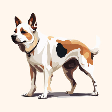 A dog with a black spot on its back is standing in front of a white background. The dog appears to be happy and relaxed, with its head held high and its tail wagging
