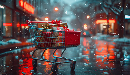 Shopping cart full of gift-wrapped presents on a snowy city street, festive holiday shopping concept.