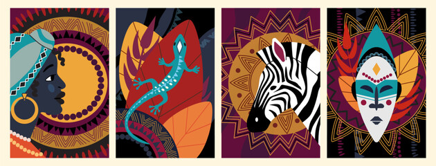 Fototapeta premium African pattern. Africa ethnic wall art. Tribal dance. Zebra or giraffe. Iguana lizard. Geometric fabric decoration. Woman native costume. Traditional ornament. Vector abstract banners set
