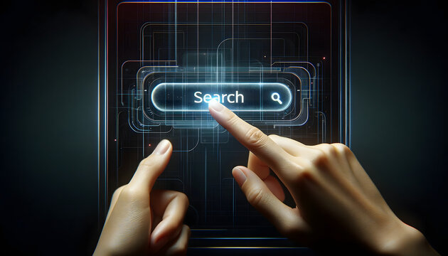 hand pushing a button on a touch screen interface, Search button on screen