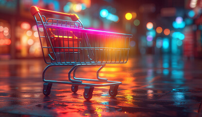 Neon-lit shopping cart on a wet city street at night, symbolizing modern consumerism. - obrazy, fototapety, plakaty