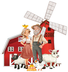 Illustration of farmers with animals by a windmill.