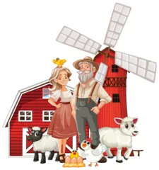 Photo sur Aluminium Enfants Illustration of farmers with animals by a windmill.