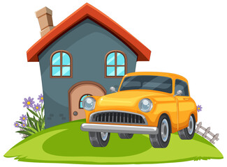 Colorful vector of a house and classic car