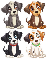 Four cute vector puppies with expressive eyes