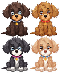 Four cute vector puppies with colorful collars