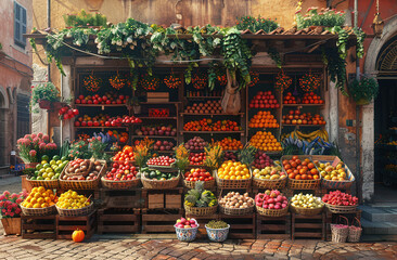 Fototapeta na wymiar Colorful fruit and vegetable market stall with a variety of fresh produce on display in a quaint street setting.