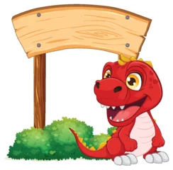 Washable wall murals Kids Red cartoon dinosaur smiling beside a blank sign