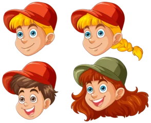 Tuinposter Four cartoon children's faces with different expressions. © GraphicsRF
