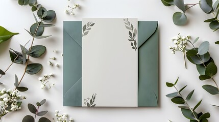 Minimalist Wedding Invitations Elegant Blank Cards and Sage Green Envelopes Surrounded by Eucalyptus Leaves and White Flowers - obrazy, fototapety, plakaty