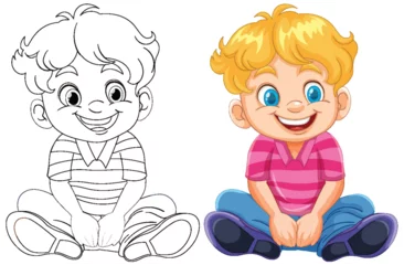 Deurstickers Black and white sketch and colored illustration of a boy © GraphicsRF
