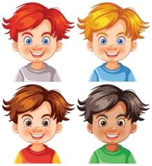 Keuken foto achterwand Four cartoon boys smiling with different hairstyles © GraphicsRF
