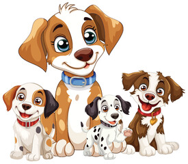 Four cute cartoon puppies with happy expressions