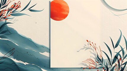 Minimalist Illustration of a Modern Invitation Template with Chinese Style Plants and Waves