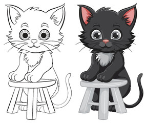 Two adorable cartoon kittens sitting on stools