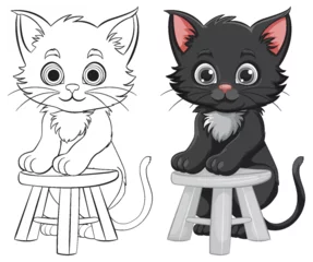 Rolgordijnen Two adorable cartoon kittens sitting on stools © GraphicsRF