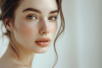 Naklejka premium beautiful girl on white background, Beautiful skin and healthy hair of woman, natural makeup