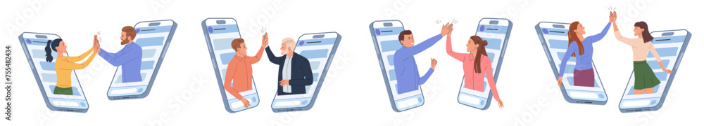 Poster online friendship. phone call. friends clap hands. digital talk. virtual hi dialogue. message in sma