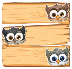 Keuken foto achterwand Three cartoon owls perched on wooden planks © GraphicsRF