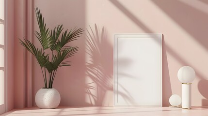 Minimalist Pink Wall Decor Empty Picture Frame with Tropical Plant and Modern Lamp in Soft Shadows