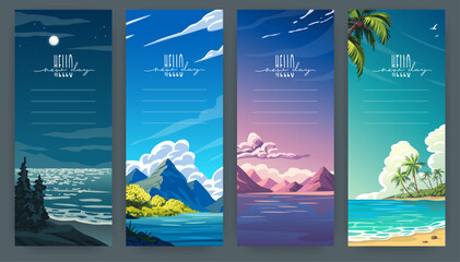 Sea beach. Summer ocean vacation with sunset, landscape design background for resort banner. Night, sunset and day. Mountains with trees and clouds on background. Vector vertical posters set © SpicyTruffel