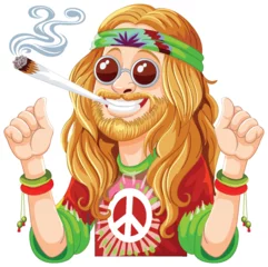 Deurstickers Cartoon hippie with peace sign and smoking joint. © GraphicsRF