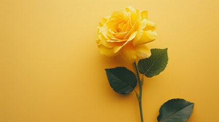 a beautiful yellow rose blossom with steam isolated on a bright yellow background. copy space, mockup. 