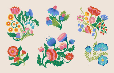 Folk flowers. Bright floral spring motif, vintage indian cute ornament or folklore garden tree, Ethnic fashion print, exotic summer, colorful beautiful bouquet. Vector isolated design