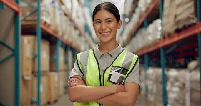 Happy woman, professional and logistics with confidence for supply chain or shipping industry. Portrait of confident female person or employee with smile and arms crossed for storage at warehouse