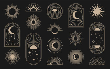 Sun icons set. Boho sunset logo with bohemian line rays, moon beam minimal sunrise, celestial logotype. Contour and silhouette elements isolated on black background. Vector modern design