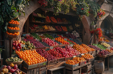 Obraz premium Colorful fruit market stall with a variety of fresh produce on display.