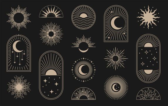 Sun icons set. Boho sunset logo with bohemian line rays, moon beam minimal sunrise, celestial logotype. Contour and silhouette elements isolated on black background. Vector modern design