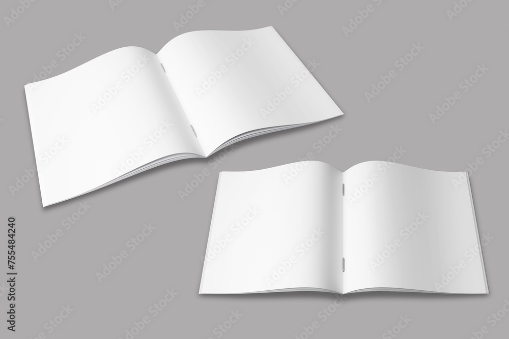 Poster empty blank white bi-fold catalog brochure booklet with staples mockup isolated. magazine cover desi