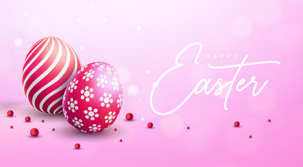 Happy Easter Holiday Banner Design with Colorful Egg and Typography Lettering on Light Pink Background. International Christian Religious Celebration Banner Design for Greeting Card or Party