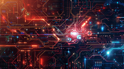 Abstract digital technology background with glowing circuit lines and electronic elements