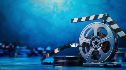 3d cinema film strip and reel with clapper board on blue - obrazy, fototapety, plakaty