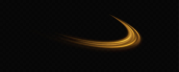 Golden glowing swirl. The effect of moving at the speed of light. Easy trail. Shiny wavy path. Vector.Neon light.