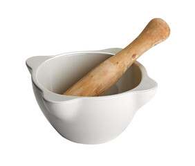White mortar and wooden pestle isolated on white