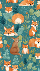 Fototapeta premium Beautiful seamless vector floral pattern with animals and tropical leaves flowers, spring summer background, palm leaves, jungle leaf, Wild animals, bird, Exotic wallpaper, Hawaiian, watercolour style