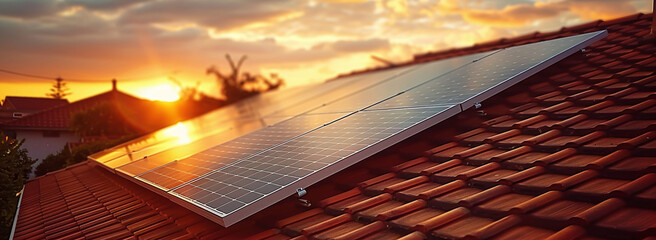 Solar panel on a house roof at sunset, renewable energy concept. - obrazy, fototapety, plakaty