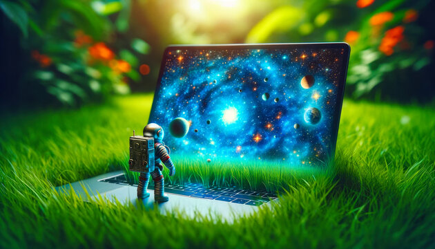 Quirky vibrant image of an astronaut robot gazing into a laptop's vibrant cosmic display amidst a green, grassy garden.