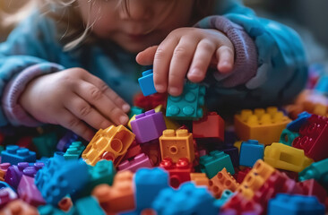 Child playing with colorful building blocks, focusing on hands and toys with a blurred background.
