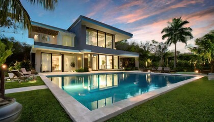 Large residential modern house with swimming pool somewhere in Florida. Courtyard view with swimming pool, green grass, step tiles, two storey house, glass windows and doors, above ground pool