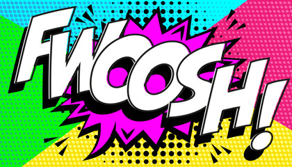 FWOOOSH comic book colorful style with explosive design and a polka dotted background, evoking swift movement or action