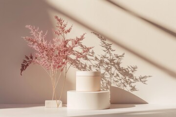 Minimalistic empty 3D Podium in beige colors with dried flowers and shadow from the window. Empty elegant Pedestal for advertising and presentation of products and mock up cosmetics.