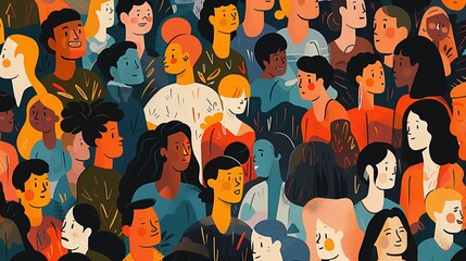 Colorful illustration of a diverse group of stylized people with various ethnicities, ages, and styles, representing inclusivity and community in a vibrant, abstract setting.